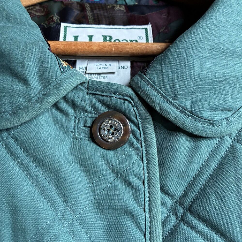 L.L. Bean Diamond Quilted Chore Jacket Coat Green Women's Large Vintage - Picture 3 of 14